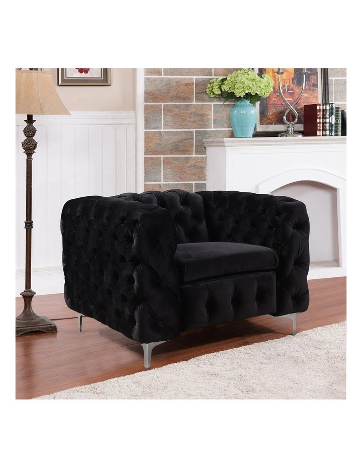 Tufted Velvet Fabric 1 Seater Sofa in Black image 2