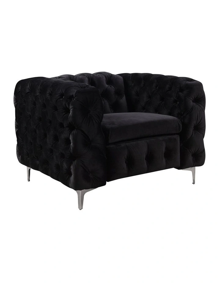 Tufted Velvet Fabric 1 Seater Sofa in Black image 3