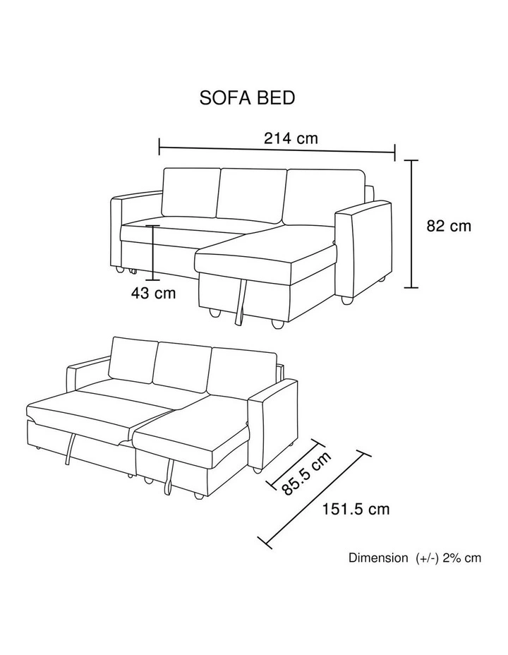 Fabric Sofa Bed 2 Seater in Grey/Chaise image 7