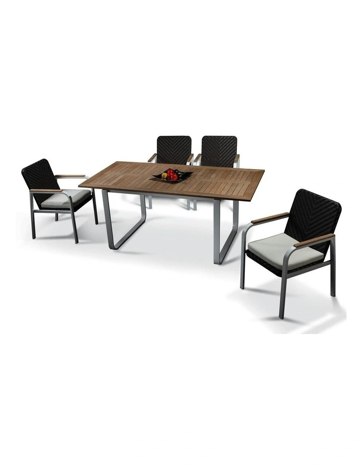 5pc Rola Teak Outdoor Dining Table Set - Solid Oak & White Aluminum image 1