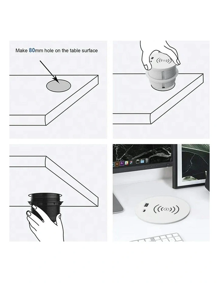 In Desk Wireless Charging & USB Cable Cubby Management Dock - 9cm - Black image 5