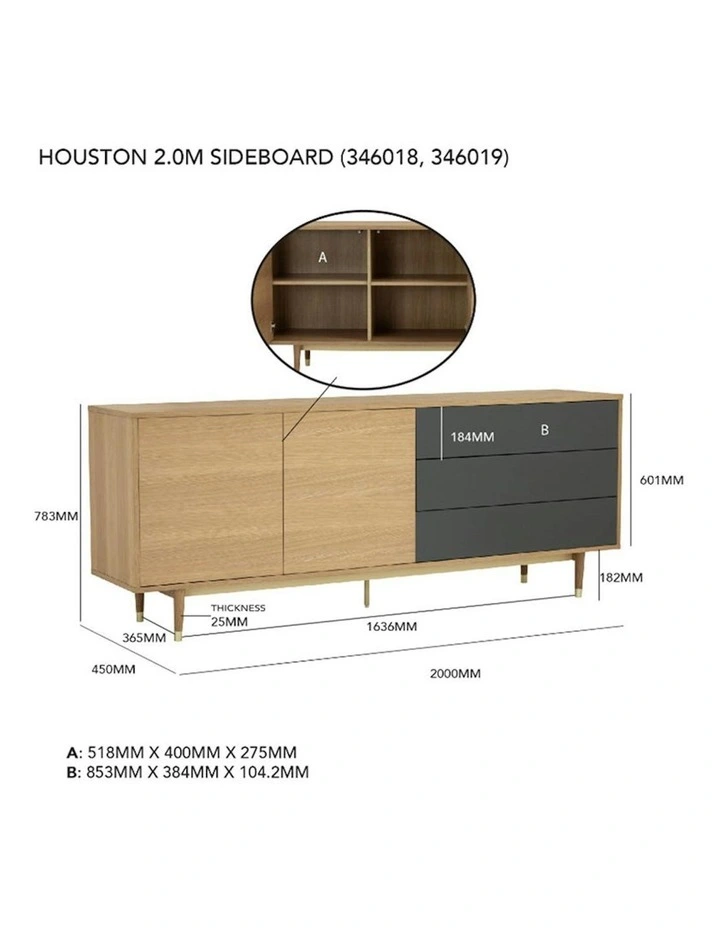 HOUSTON 200cm Sideboard Buffet - Oak & Grey image 3