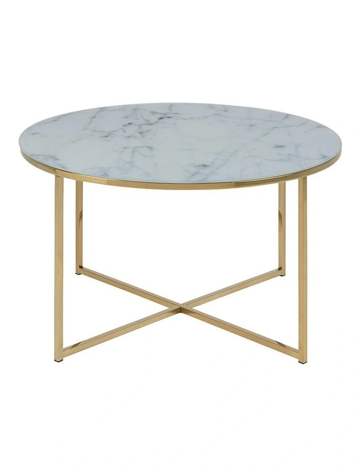 KOLINA Glass Marble Round Coffee Table 80cm - White/ Gold Chrome image 3