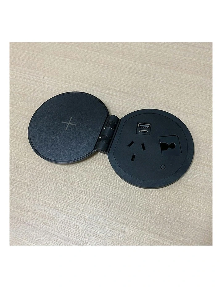 Round In Desk Power, Wireless Charging & USB Cable Cubby Management Dock - 9cm - Black image 2