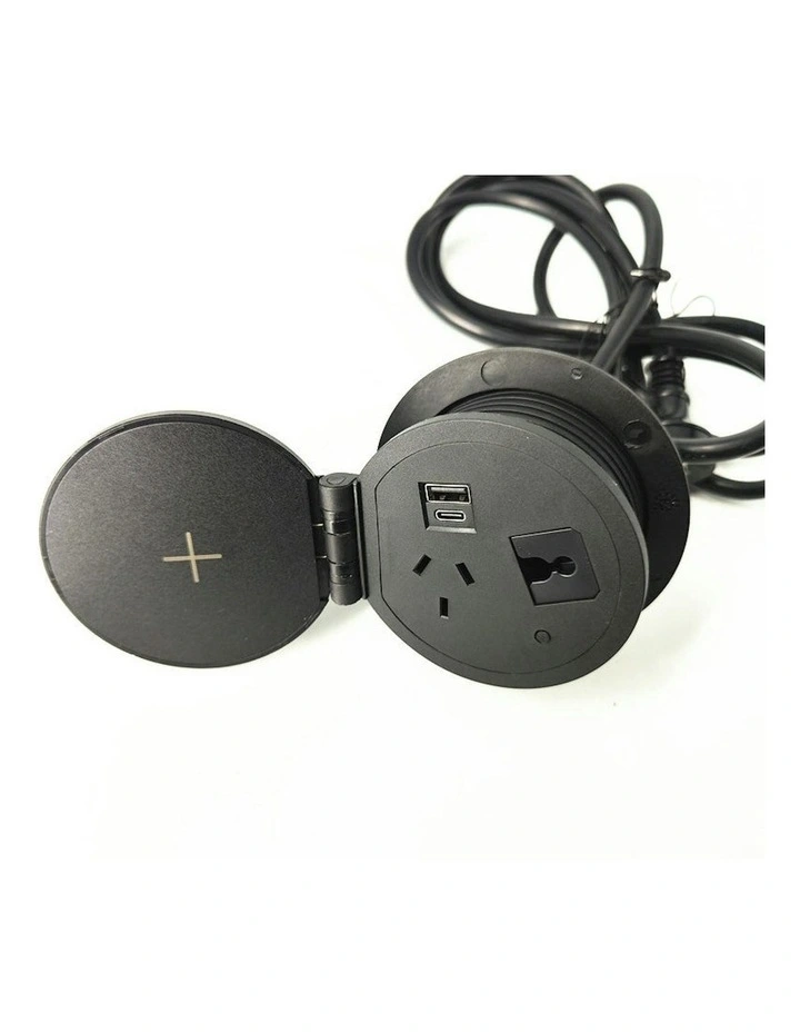 Round In Desk Power, Wireless Charging & USB Cable Cubby Management Dock - 9cm - Black image 4