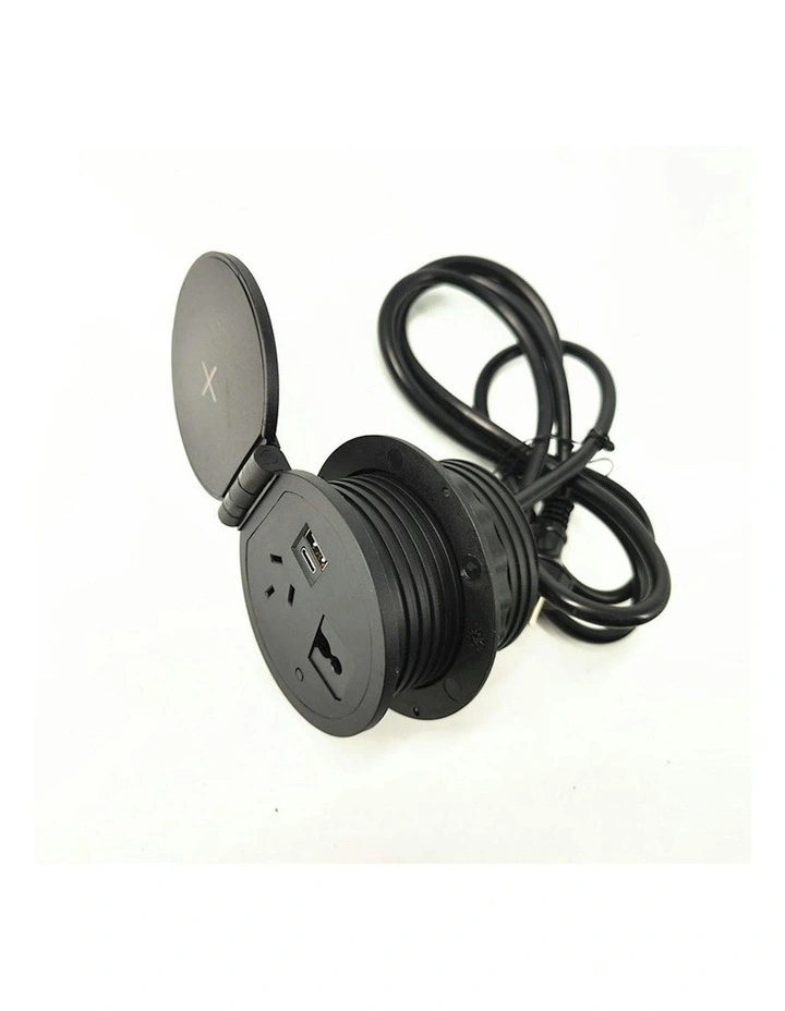 Round In Desk Power, Wireless Charging & USB Cable Cubby Management Dock - 9cm - Black image 5