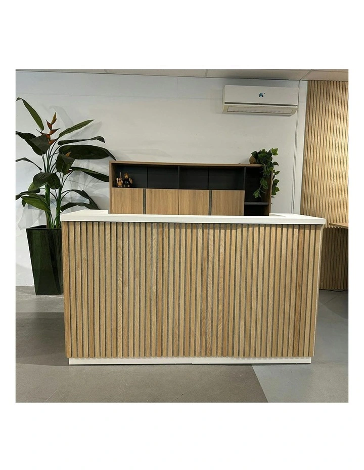 KENTO Reception Desk 180cm - White & Oak Timber Slat Acoustic image 2