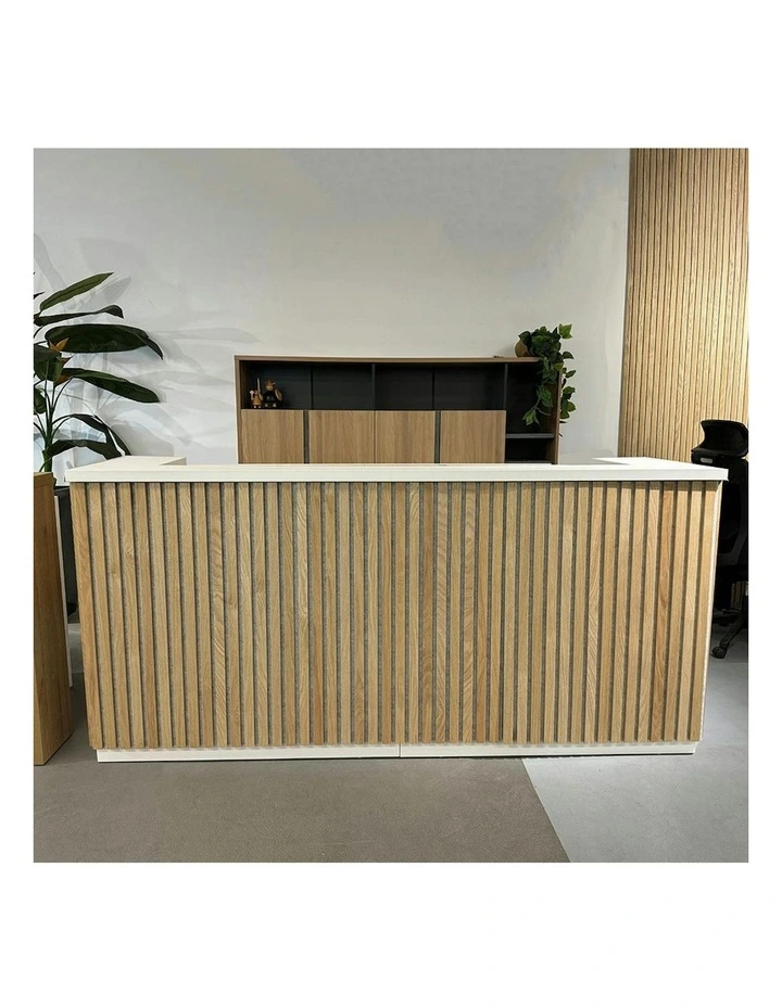 KENTO Reception Desk 240cm - Timber Slat Acoustic White & Oak image 2