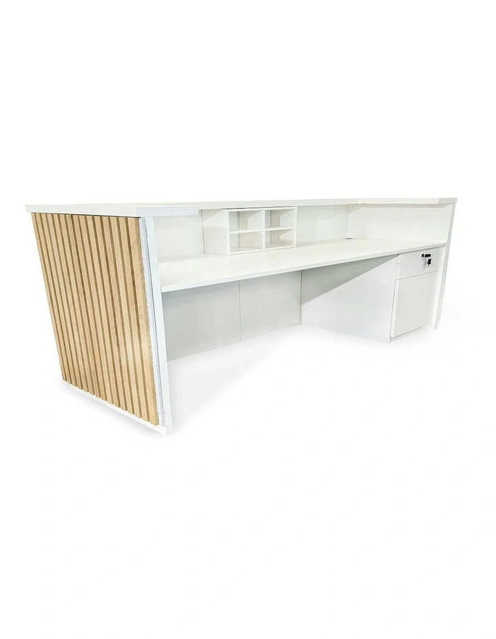 KENTO Reception Desk 240cm - Timber Slat Acoustic White & Oak image 4