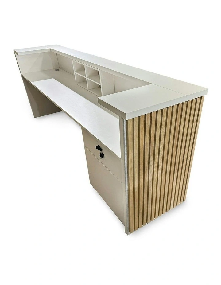 KENTO Reception Desk 240cm - Timber Slat Acoustic White & Oak image 5