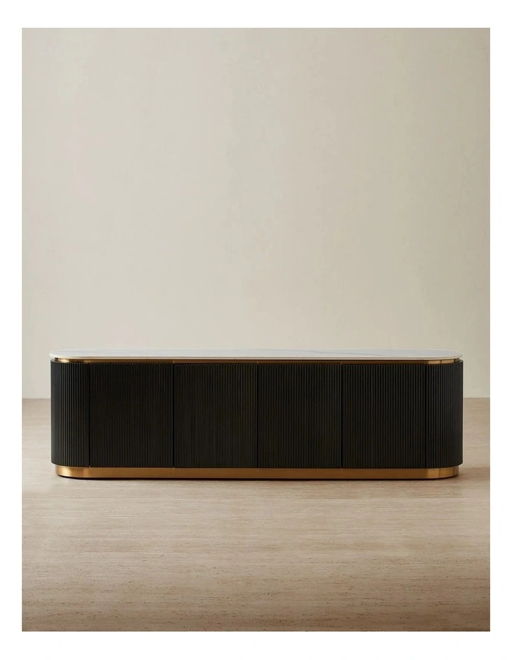 Archie Black Wooden Entertainment Unit with White Sintered Stone Top image 1