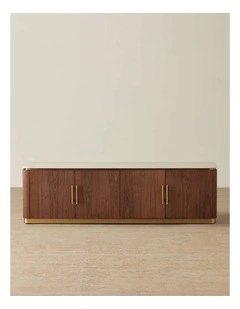 San Pierre Walnut Veneer Entertainment Unit with Travertine Finish Sintered Stone Top