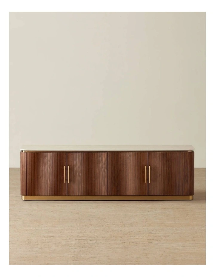 San Pierre Walnut Veneer Entertainment Unit with Travertine Finish Sintered Stone Top image 1