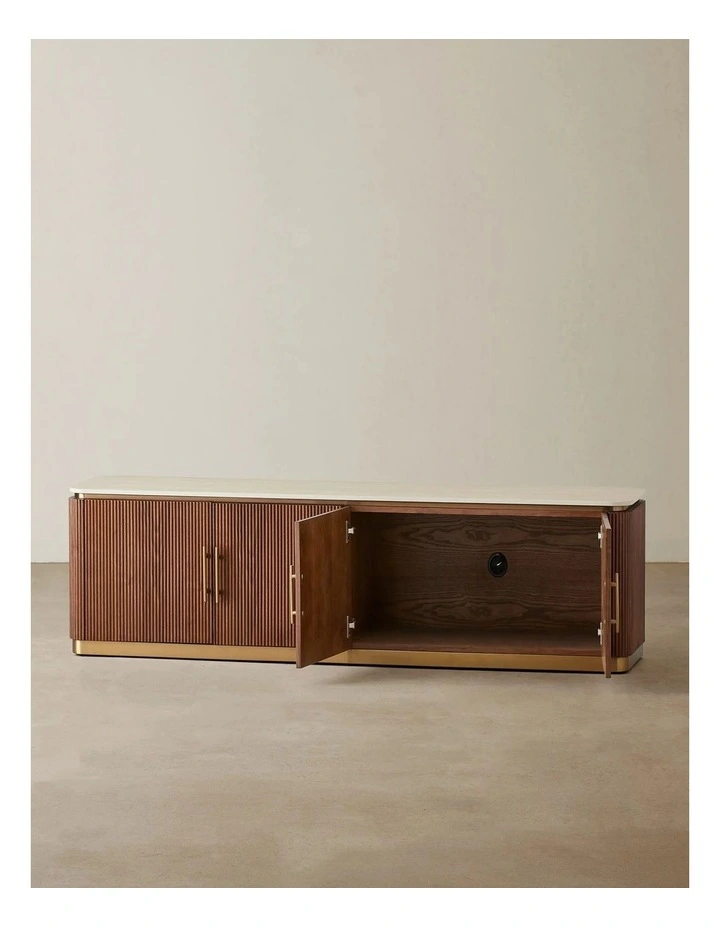 San Pierre Walnut Veneer Entertainment Unit with Travertine Finish Sintered Stone Top image 3