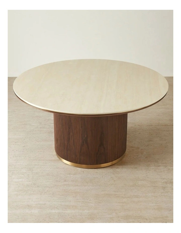 San Pierre Walnut Veneer Round Dining Table with Travertine Finish Sintered Stone Top - 150cm image 2