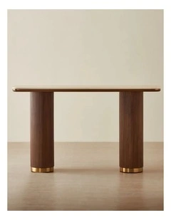 San Pierre Walnut Veneer Two-Leg Console Table with Travertine Finish Sintered Stone Top