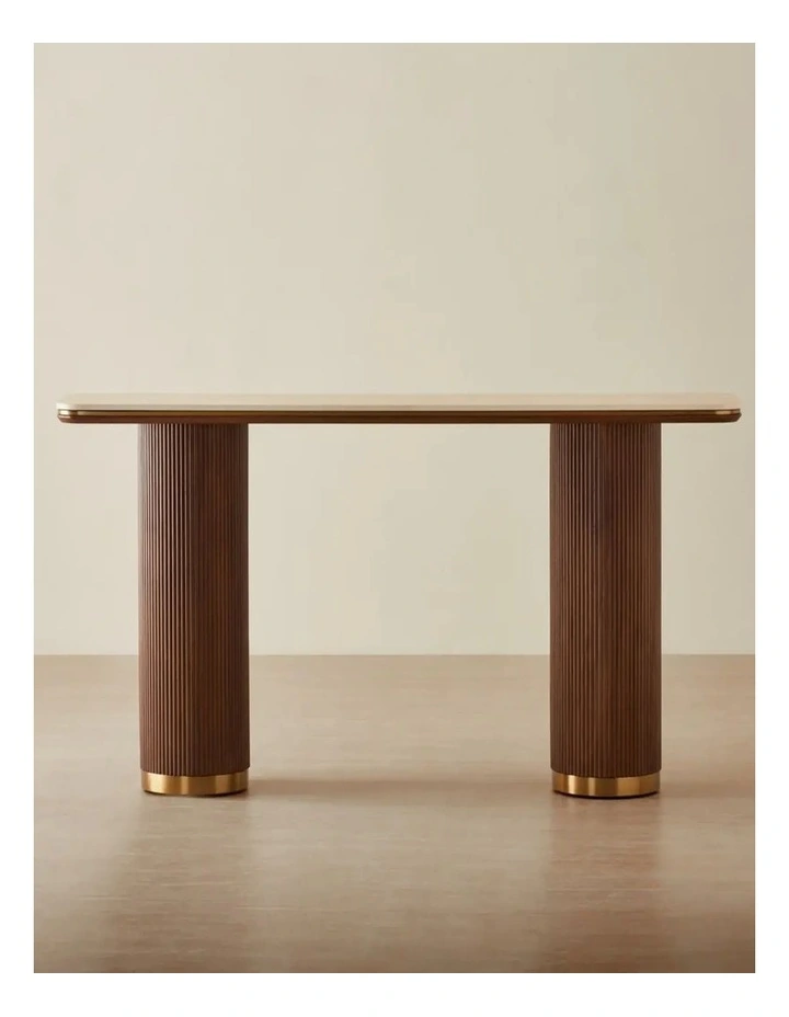 San Pierre Walnut Veneer Two-Leg Console Table with Travertine Finish Sintered Stone Top image 1