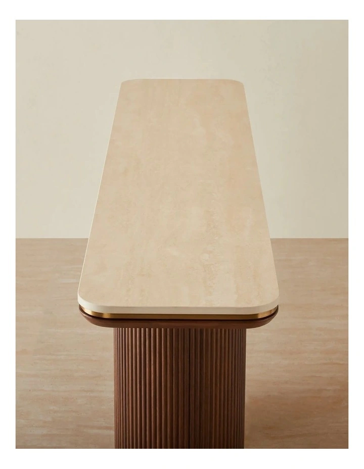 San Pierre Walnut Veneer Two-Leg Console Table with Travertine Finish Sintered Stone Top image 3