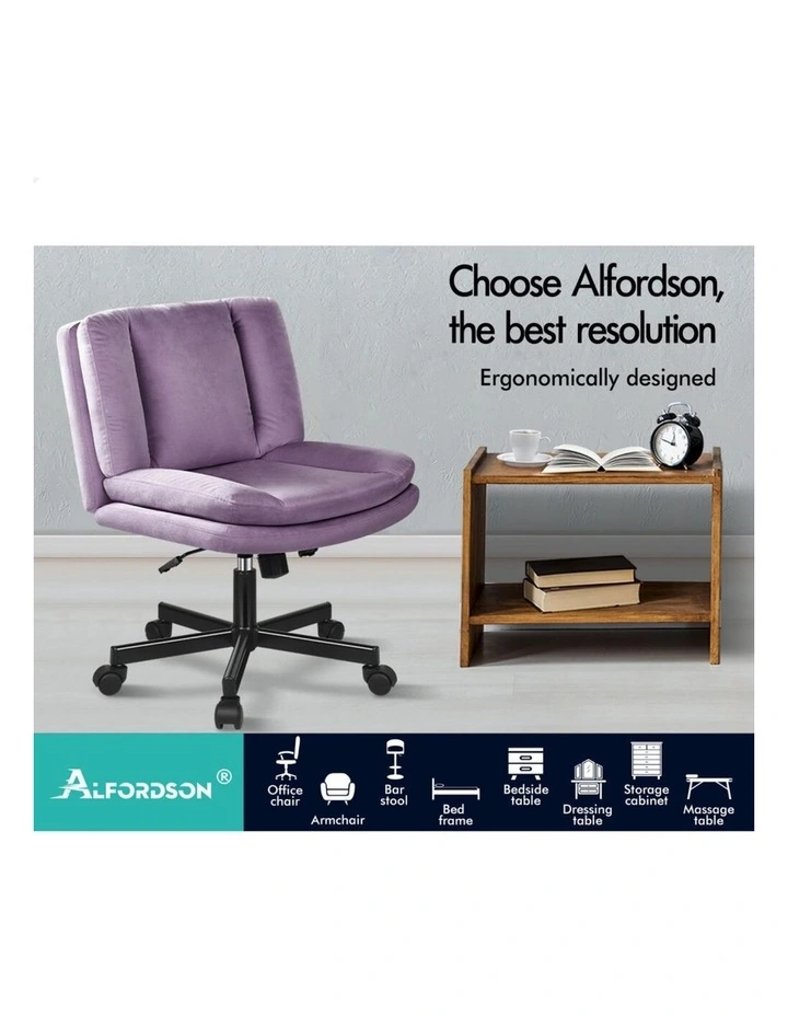 Armless Office Desk Chair Mid Back Wide Seat w/ Wheels Velvet Purple image 3