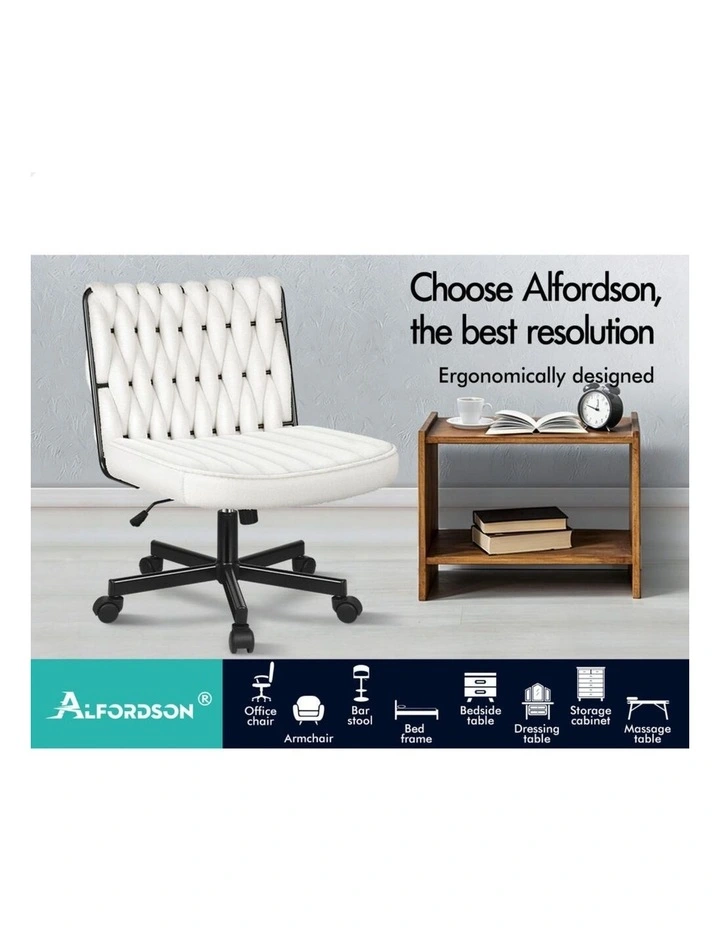 Armless Office Desk Chair Mid Back Wide Seat w/ Wheels Boucle White image 2