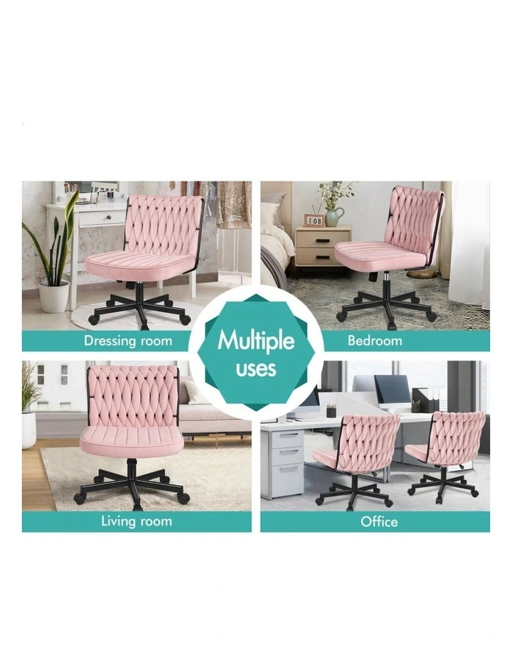 Armless Office Desk Chair Mid Back Wide Seat w/ Wheels Velvet Pink image 2