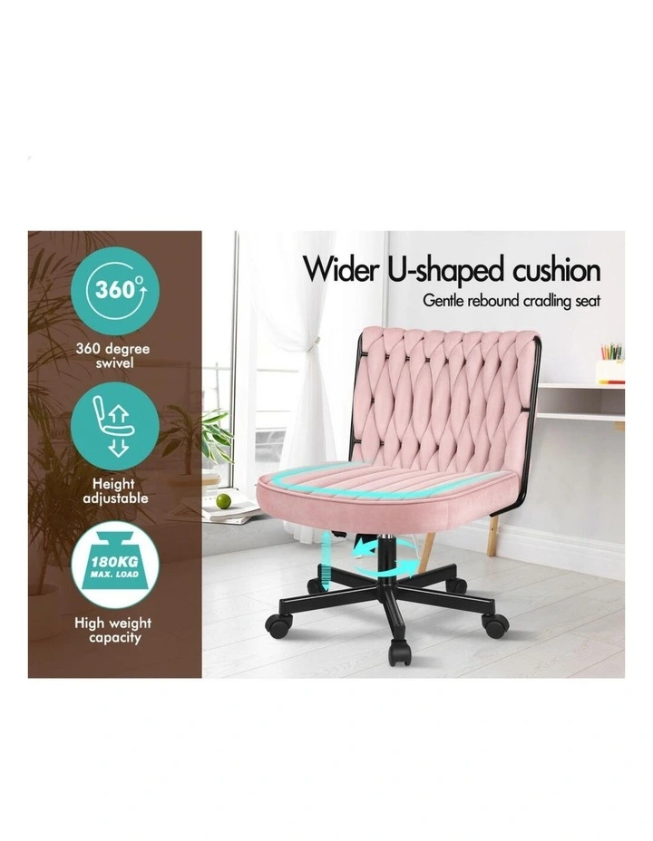 Armless Office Desk Chair Mid Back Wide Seat w/ Wheels Velvet Pink image 3
