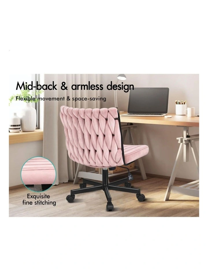 Armless Office Desk Chair Mid Back Wide Seat w/ Wheels Velvet Pink image 5