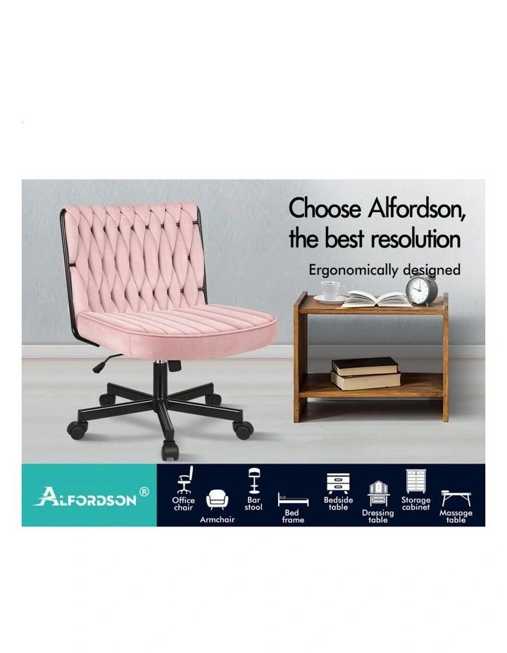 Armless Office Desk Chair Mid Back Wide Seat w/ Wheels Velvet Pink image 7