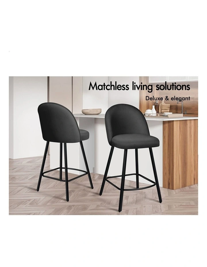 4x Bar Stools 66cm Kitchen Counter Velvet Dining Chairs Dark Grey image 3