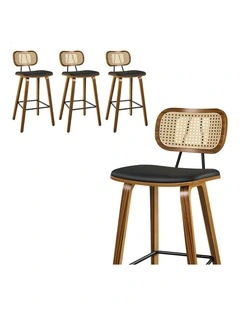 4x Bar Stools Kitchen Vintage Leather Seat Rattan Chair Wooden Black