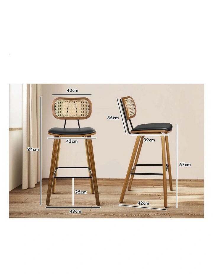 4x Bar Stools Kitchen Vintage Leather Seat Rattan Chair Wooden Black image 2