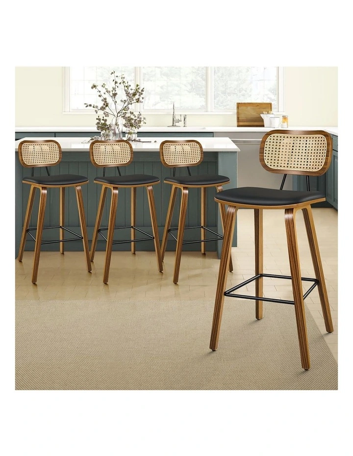 4x Bar Stools Kitchen Vintage Leather Seat Rattan Chair Wooden Black image 3