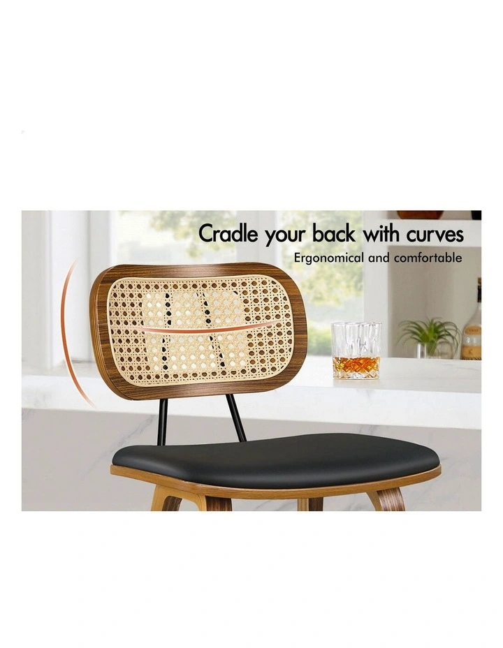 4x Bar Stools Kitchen Vintage Leather Seat Rattan Chair Wooden Black image 4