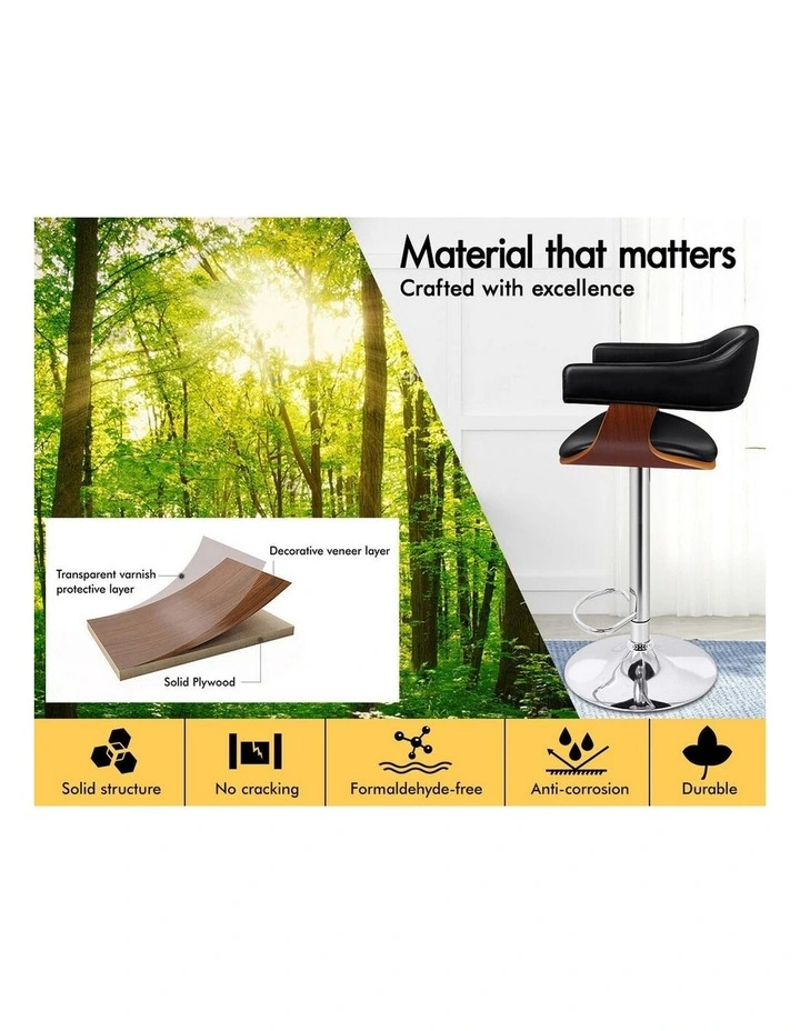 4x Wooden Bar Stool Joan Kitchen Swivel Chair Wood Leather Black image 2