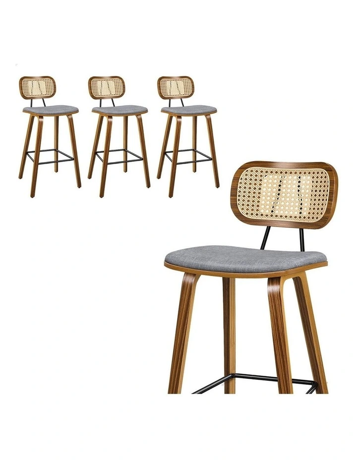 4x Bar Stools Kitchen Vintage Fabric Seat Rattan Chair Wooden Grey image 1