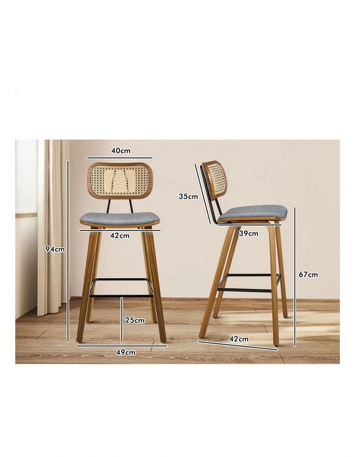 4x Bar Stools Kitchen Vintage Fabric Seat Rattan Chair Wooden Grey image 2