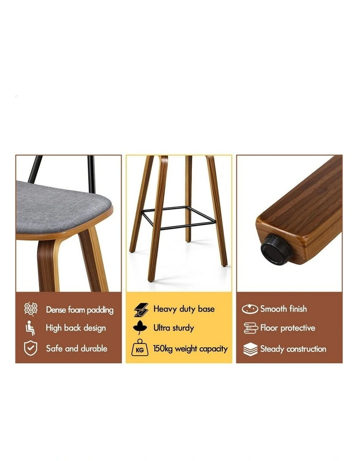 4x Bar Stools Kitchen Vintage Fabric Seat Rattan Chair Wooden Grey image 3