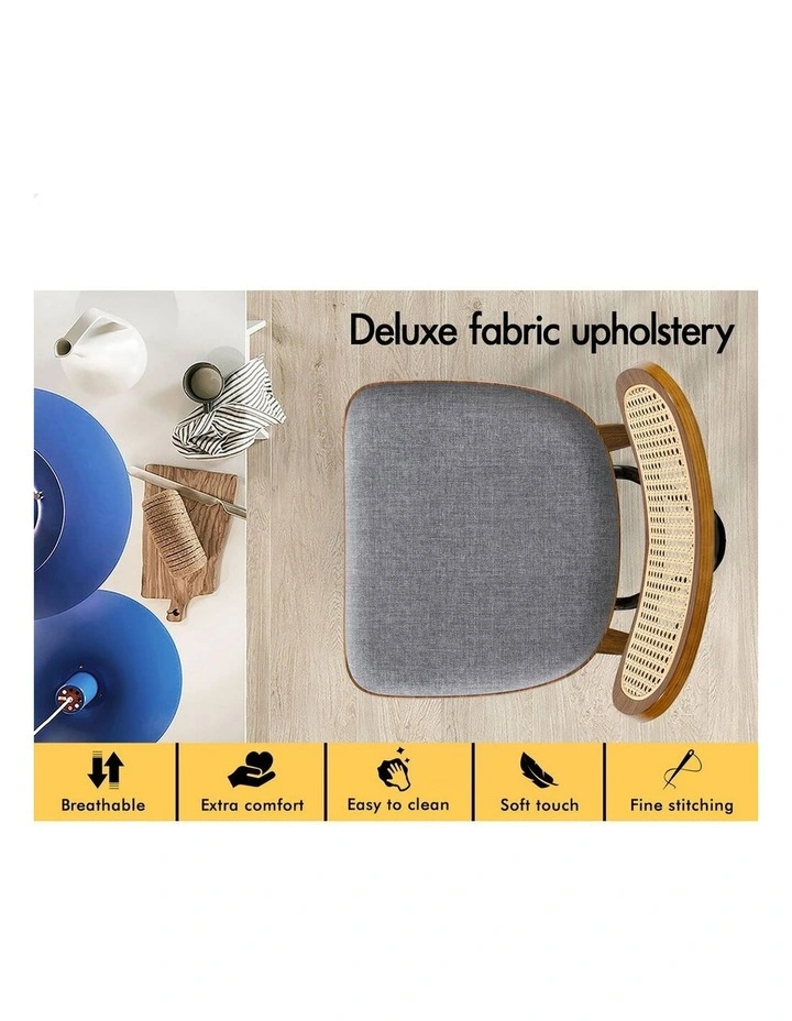 4x Bar Stools Kitchen Vintage Fabric Seat Rattan Chair Wooden Grey image 4