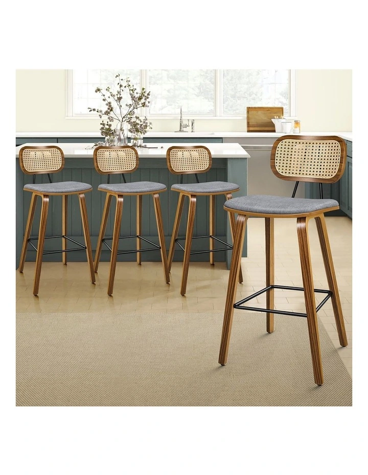 4x Bar Stools Kitchen Vintage Fabric Seat Rattan Chair Wooden Grey image 5
