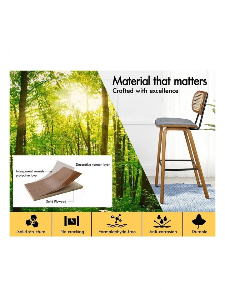 4x Bar Stools Kitchen Vintage Fabric Seat Rattan Chair Wooden Grey image 6
