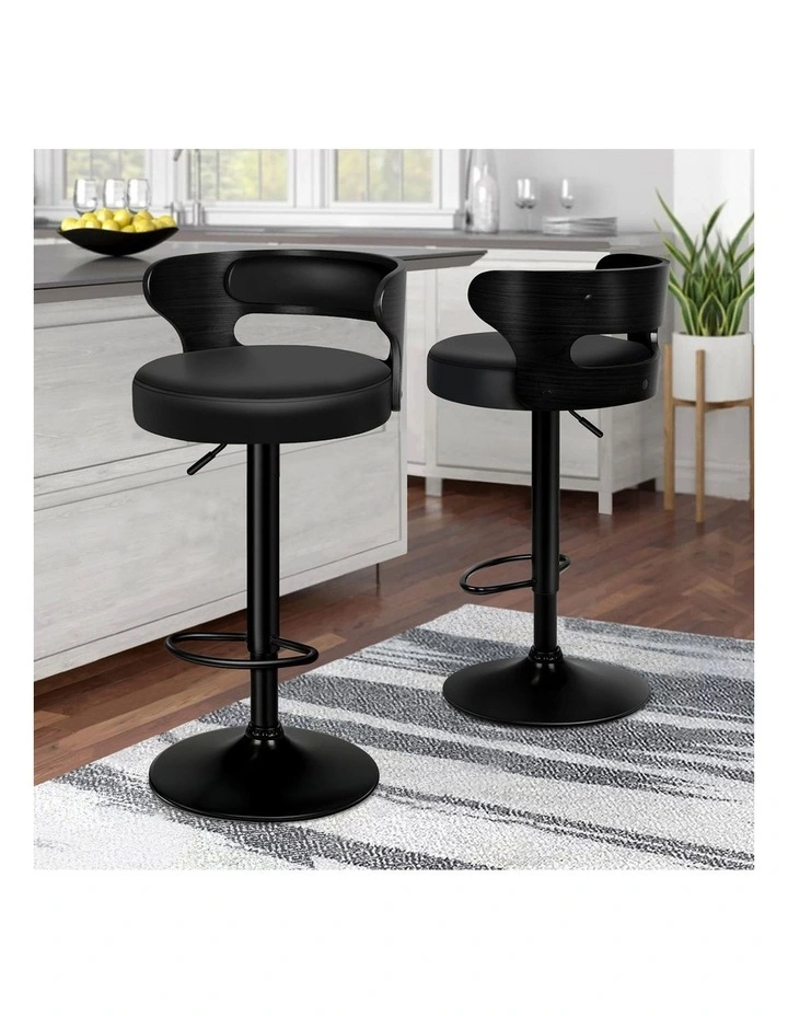 4x Bar Stool Kitchen Swivel Chair Wooden Leather Ramiro All Black image 2