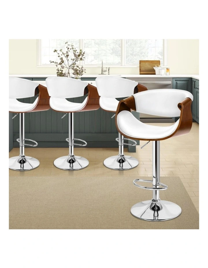 4x Bar Stool Kitchen Swivel Chair Wooden Leather Trice White image 3
