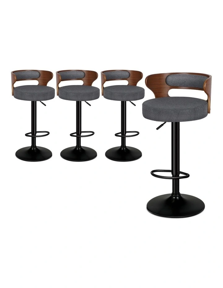 4x Bar Stool Kitchen Swivel Chair Wooden Linen Fabric Ramiro Grey image 1