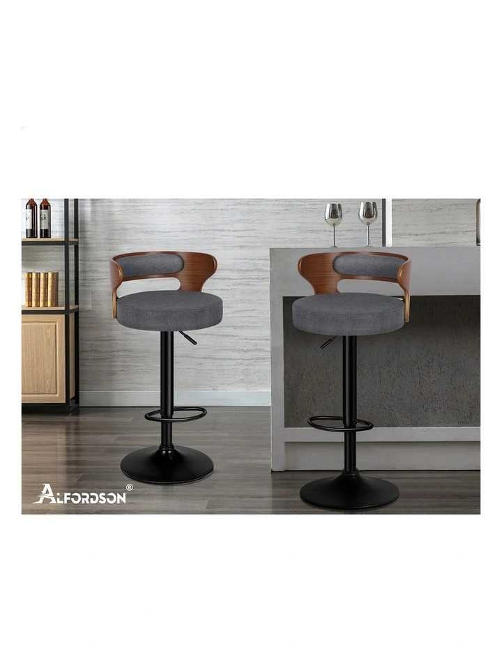4x Bar Stool Kitchen Swivel Chair Wooden Linen Fabric Ramiro Grey image 2