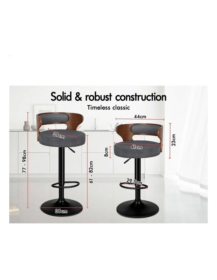 4x Bar Stool Kitchen Swivel Chair Wooden Linen Fabric Ramiro Grey image 3