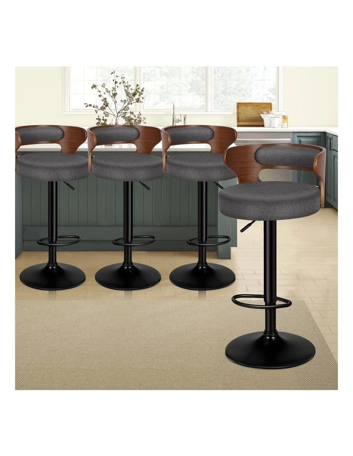4x Bar Stool Kitchen Swivel Chair Wooden Linen Fabric Ramiro Grey image 4