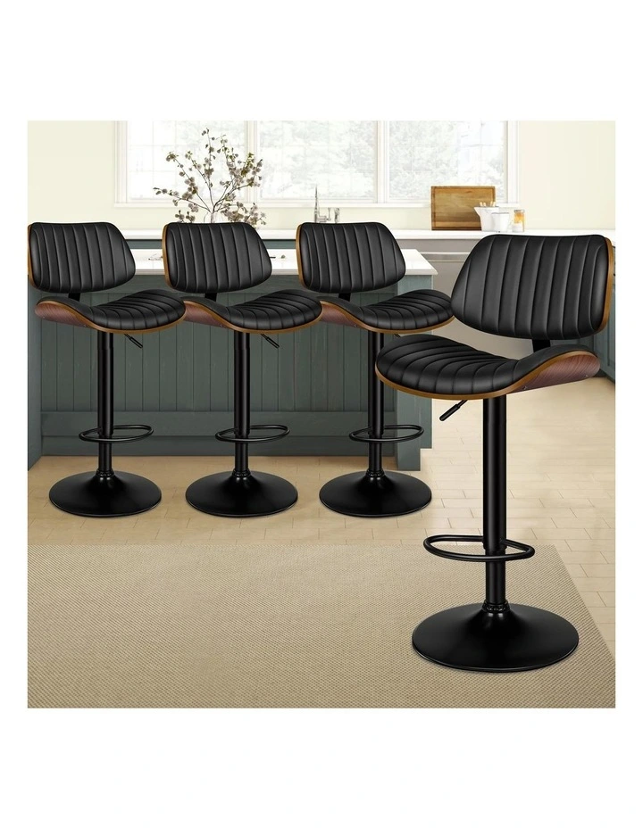 4x Bar Stools Kitchen Swivel Chair Wooden Leather Gas Lift Black image 2