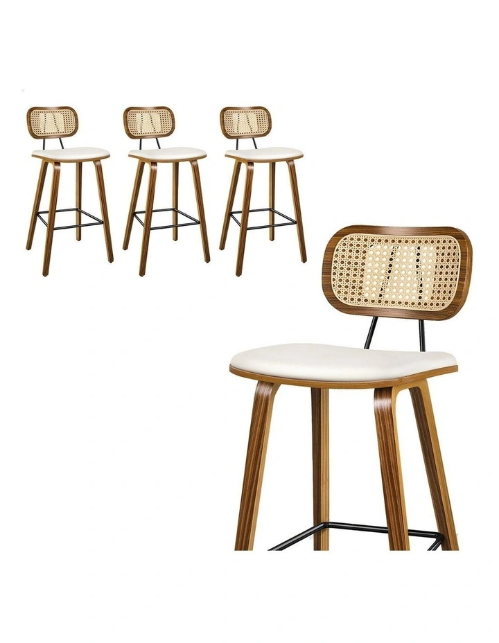 4x Bar Stools Kitchen Vintage Leather Seat Rattan Chair Wooden White image 1