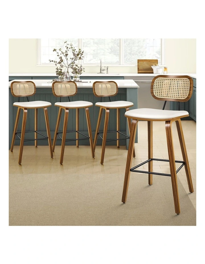 4x Bar Stools Kitchen Vintage Leather Seat Rattan Chair Wooden White image 3