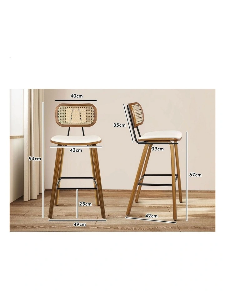 4x Bar Stools Kitchen Vintage Leather Seat Rattan Chair Wooden White image 4